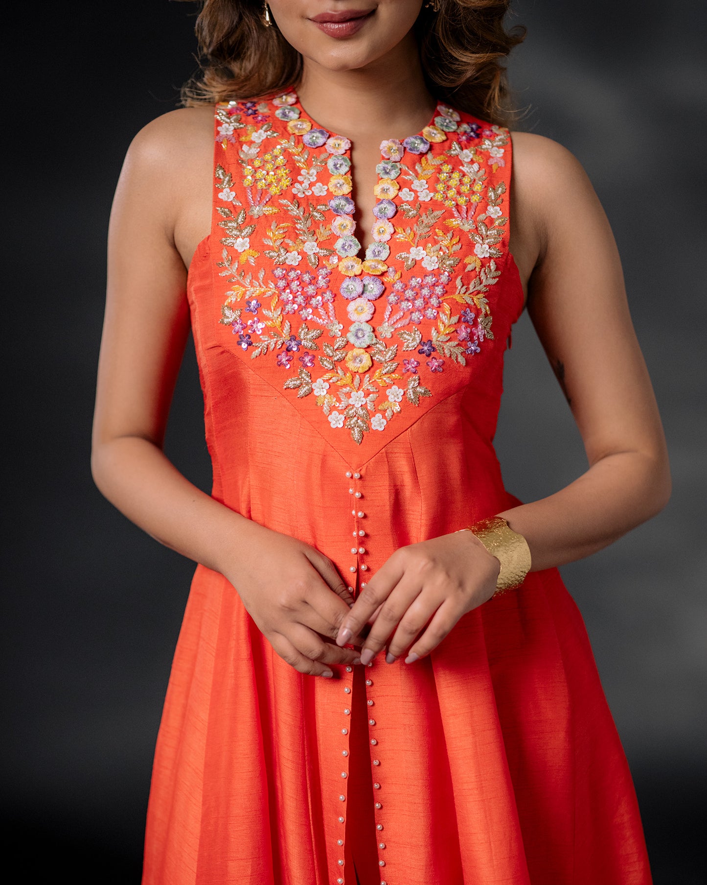 YS01 Embroidered Orange Kurta Set