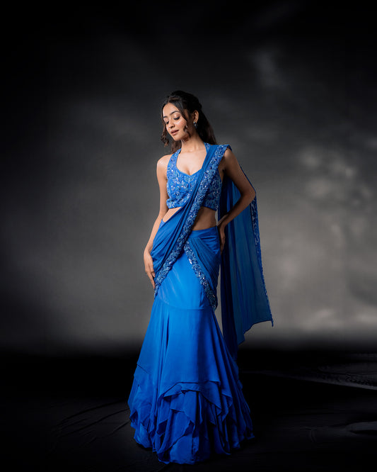 YS22 Blue embroidered draped saree