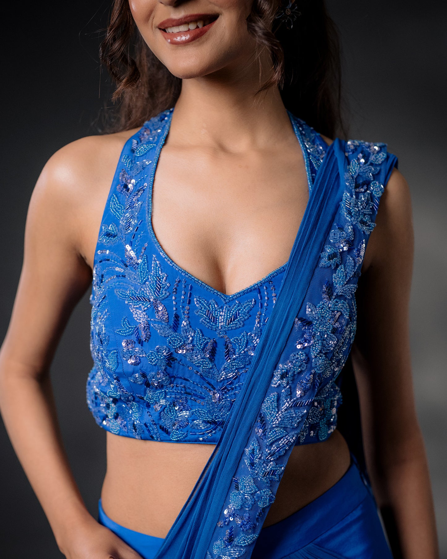 YS22 Blue embroidered draped saree