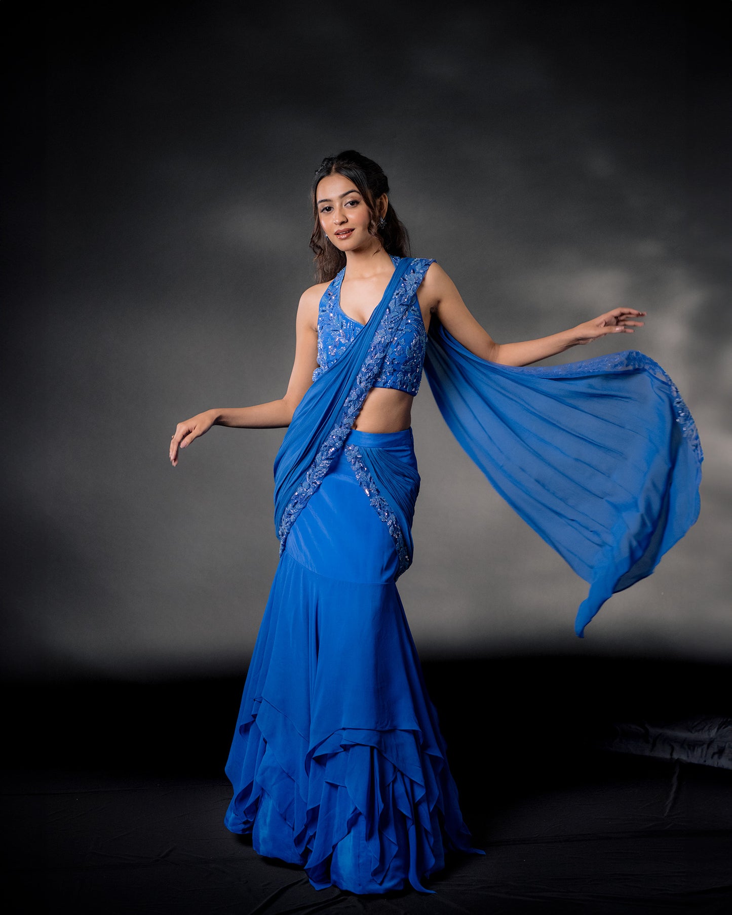 YS22 Blue embroidered draped saree