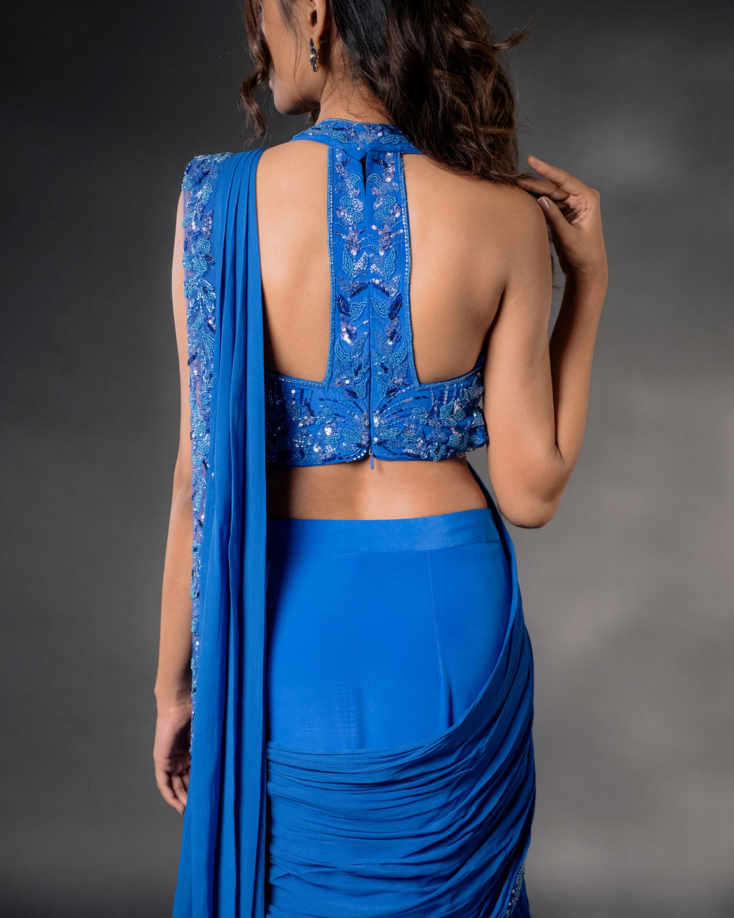 YS22 Blue embroidered draped saree