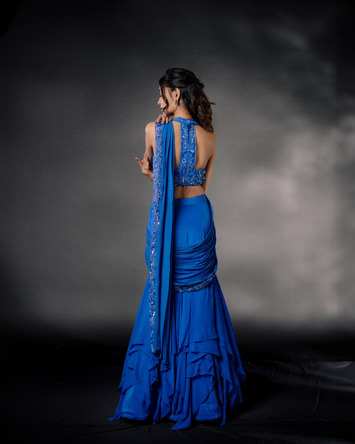 YS22 Blue embroidered draped saree