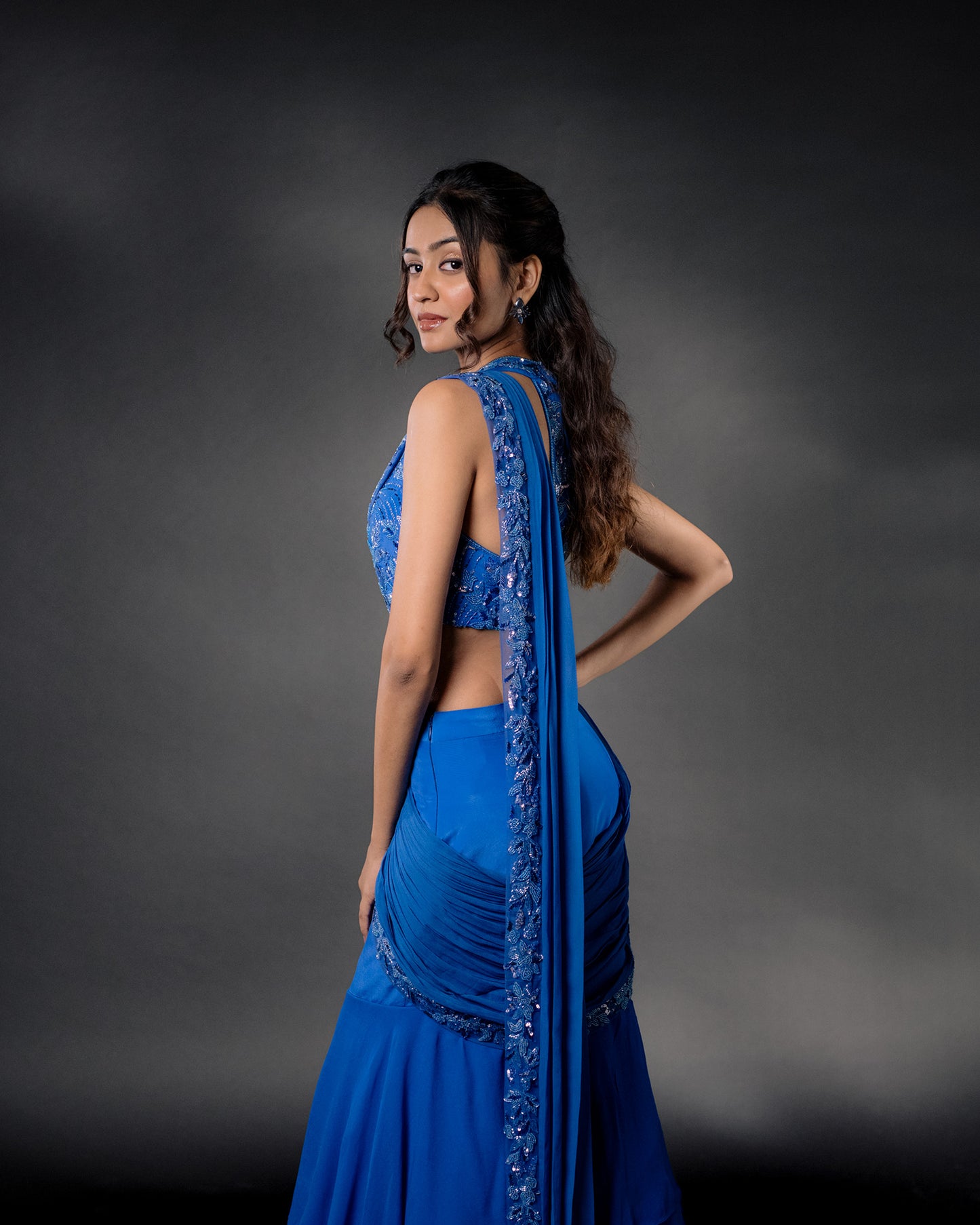 YS22 Blue embroidered draped saree