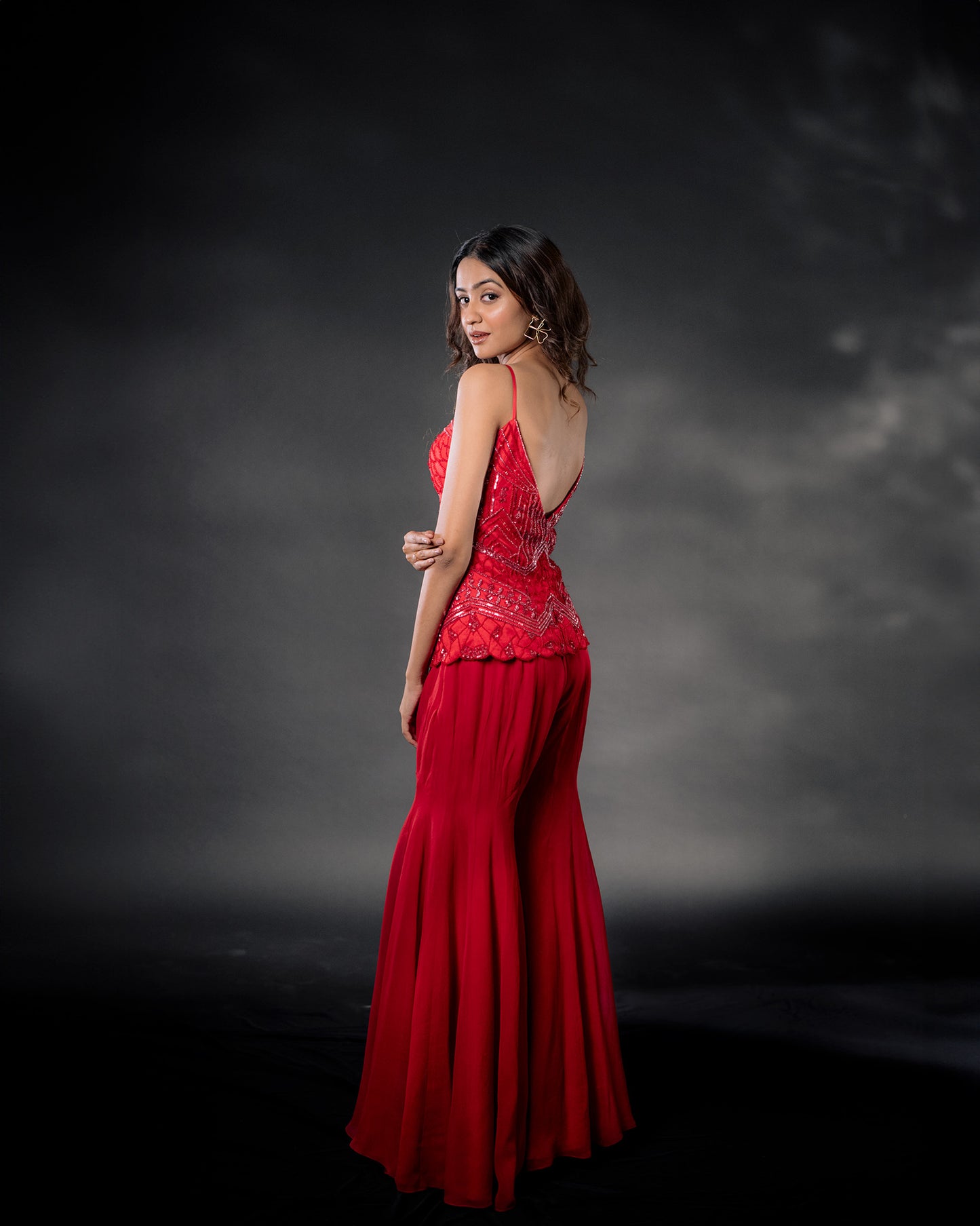 YS12 Red Corset Top with Fit and Flare Pants in co-orded colour