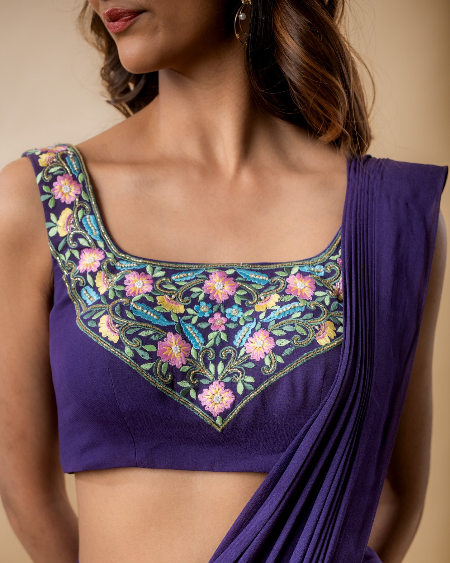 YS20 Violet Pre Draped Saree with embroidery