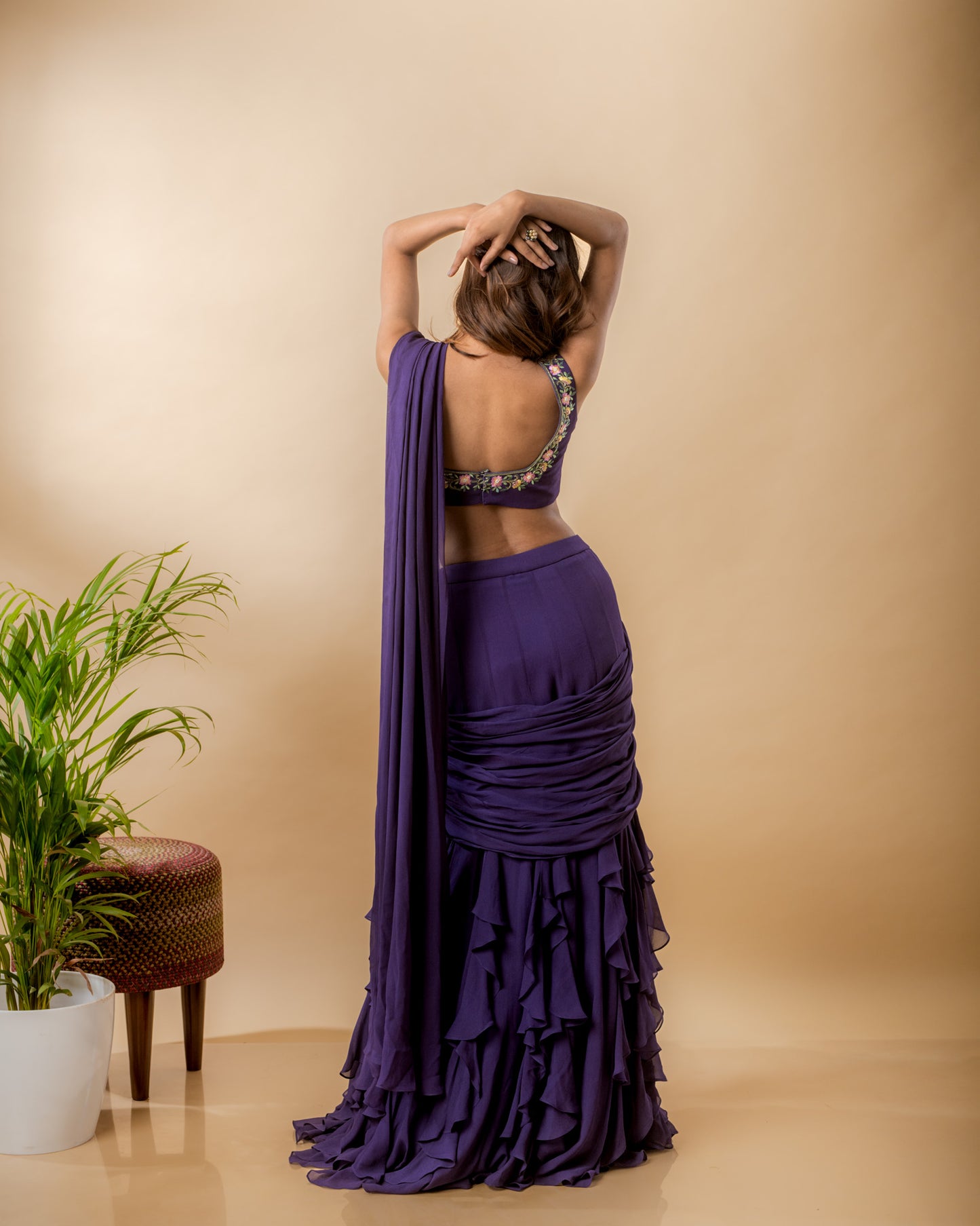 YS20 Violet Pre Draped Saree with embroidery