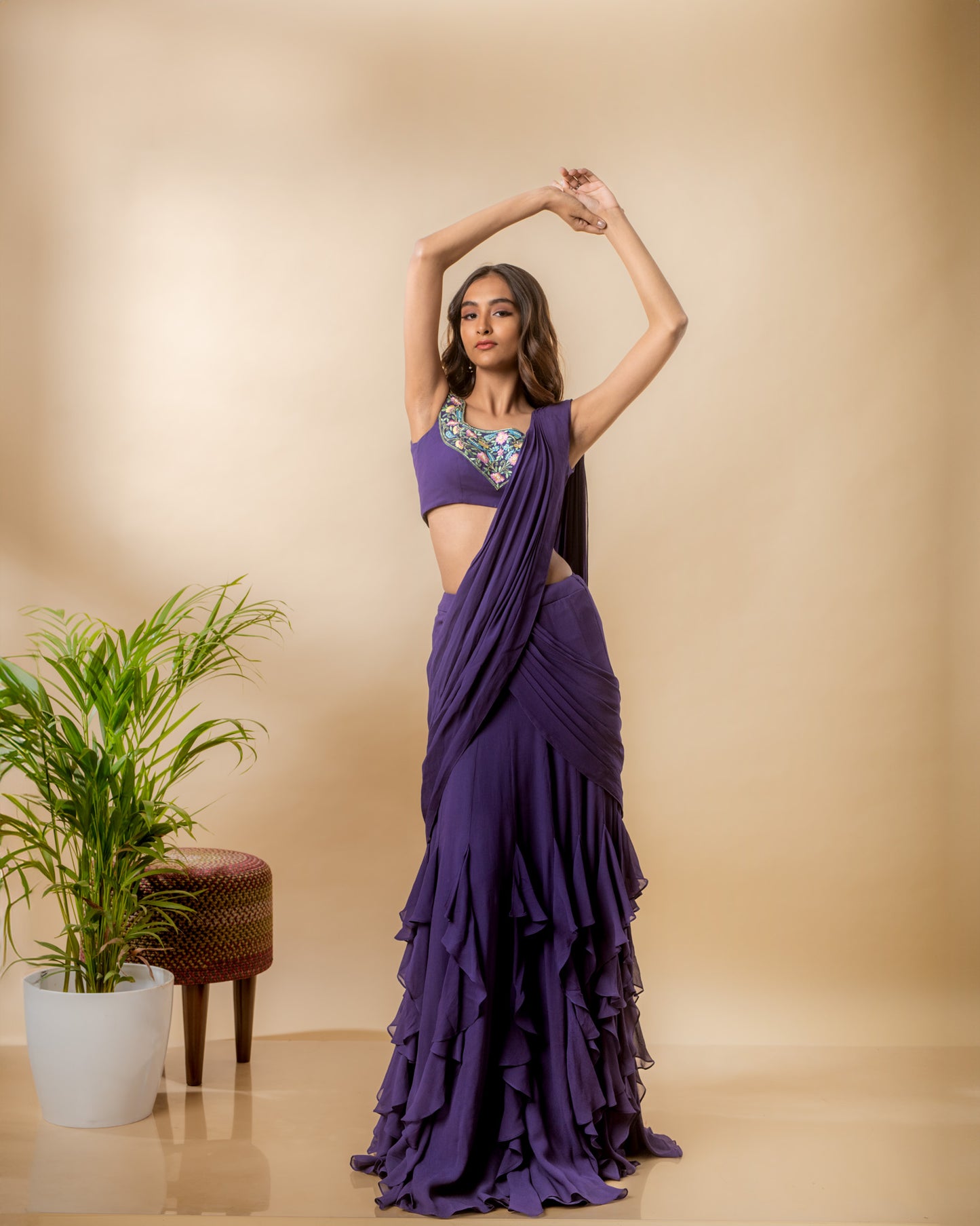 YS20 Violet Pre Draped Saree with embroidery