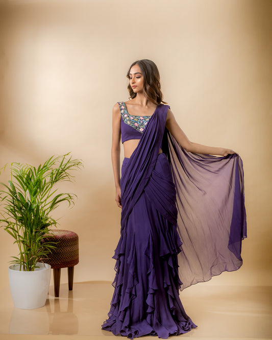 YS20 Violet Pre Draped Saree with embroidery