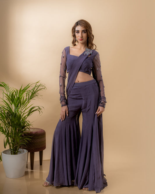 YS21 Grey Draped Saree with Sharara