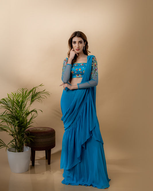 YS28 Blue embroidered draped saree