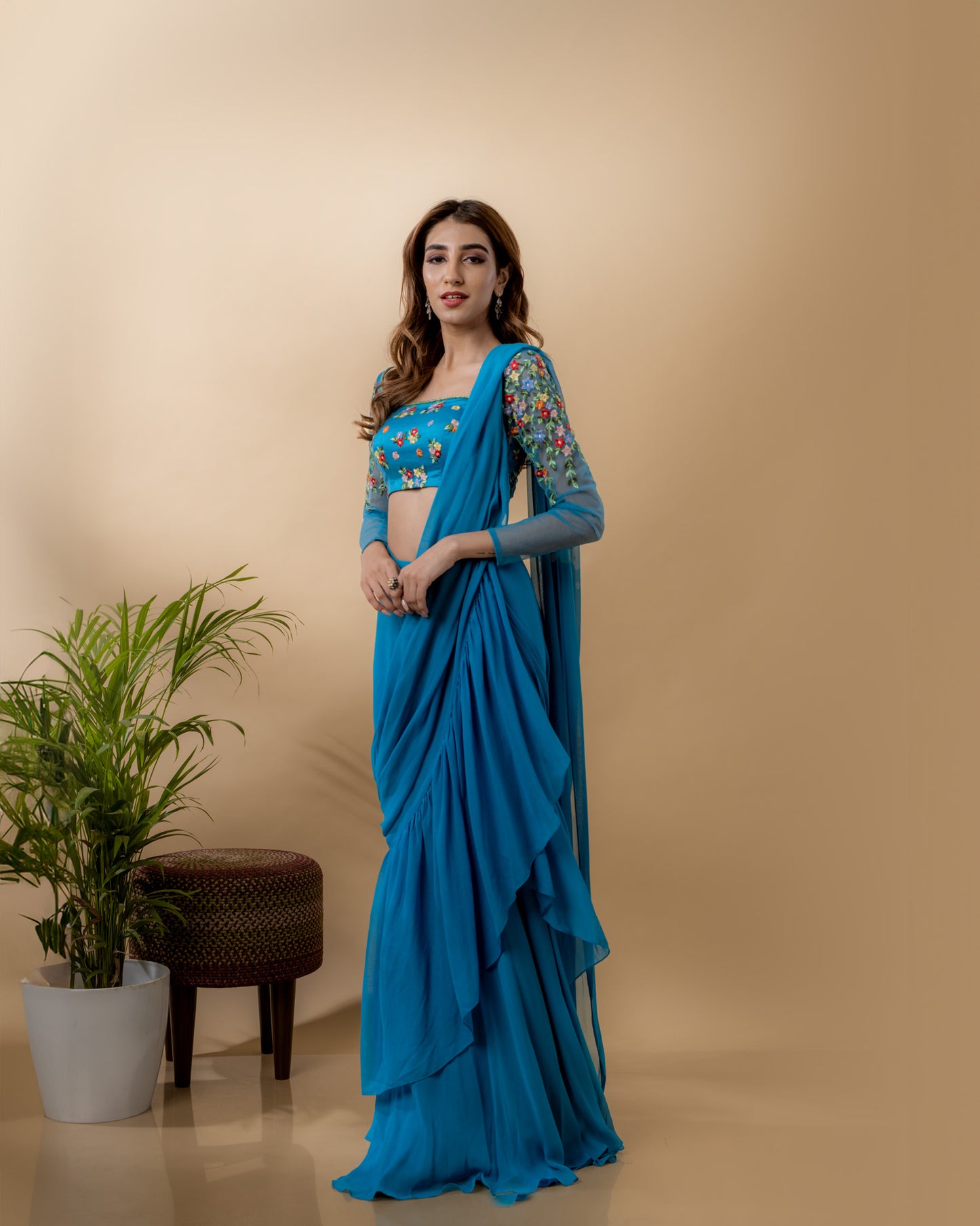 YS28 Blue embroidered draped saree