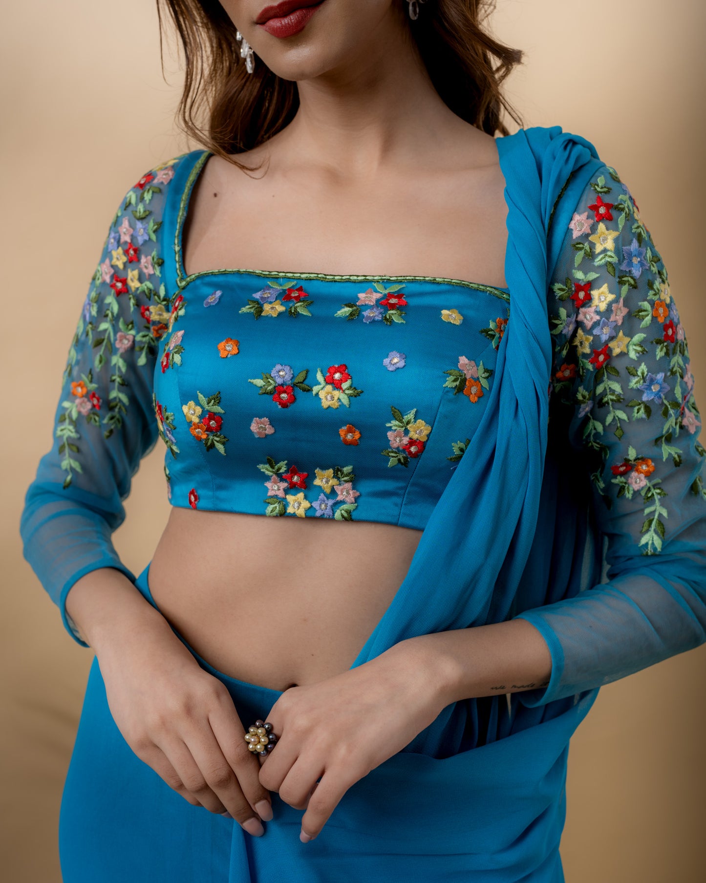 YS28 Blue embroidered draped saree