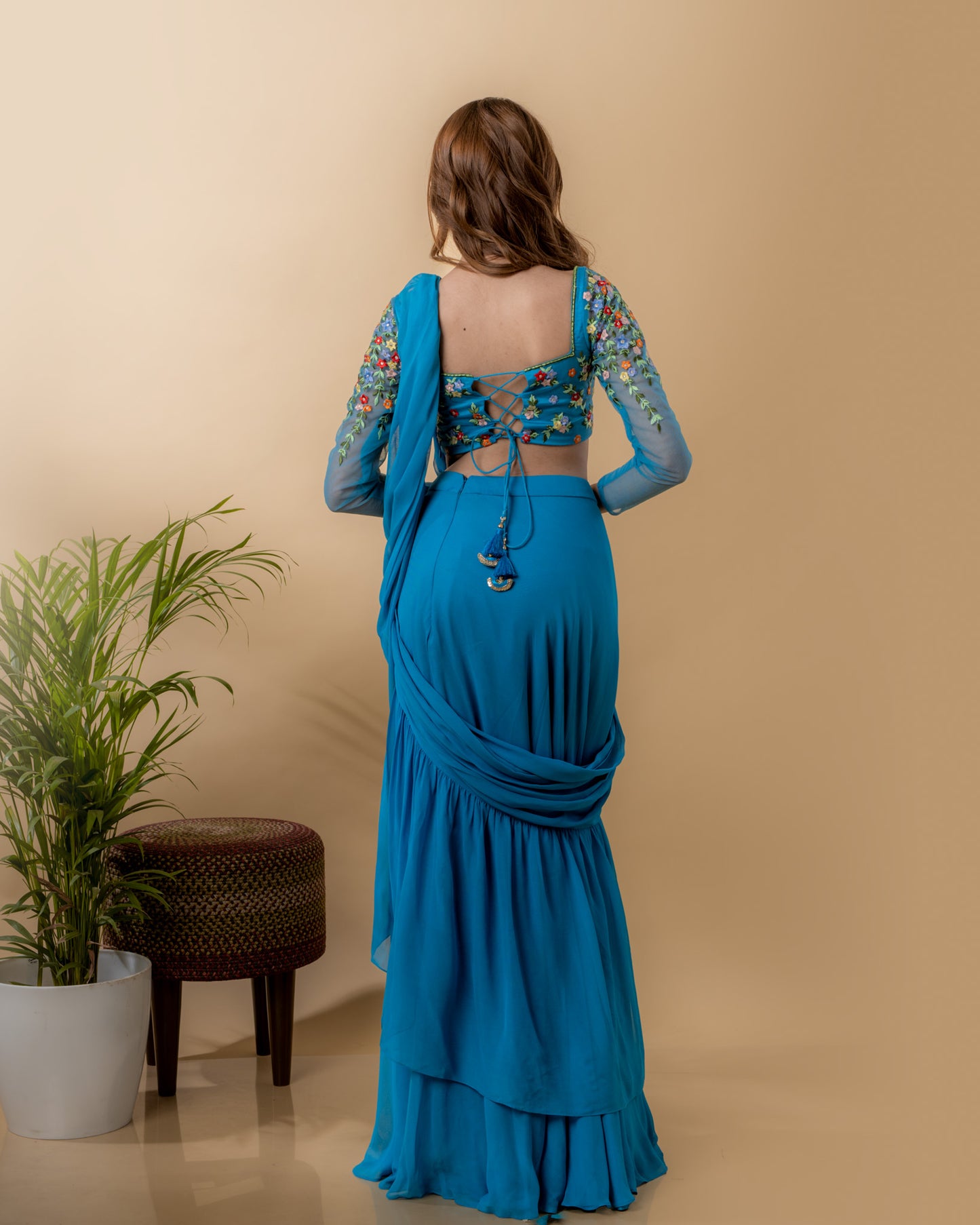 YS28 Blue embroidered draped saree