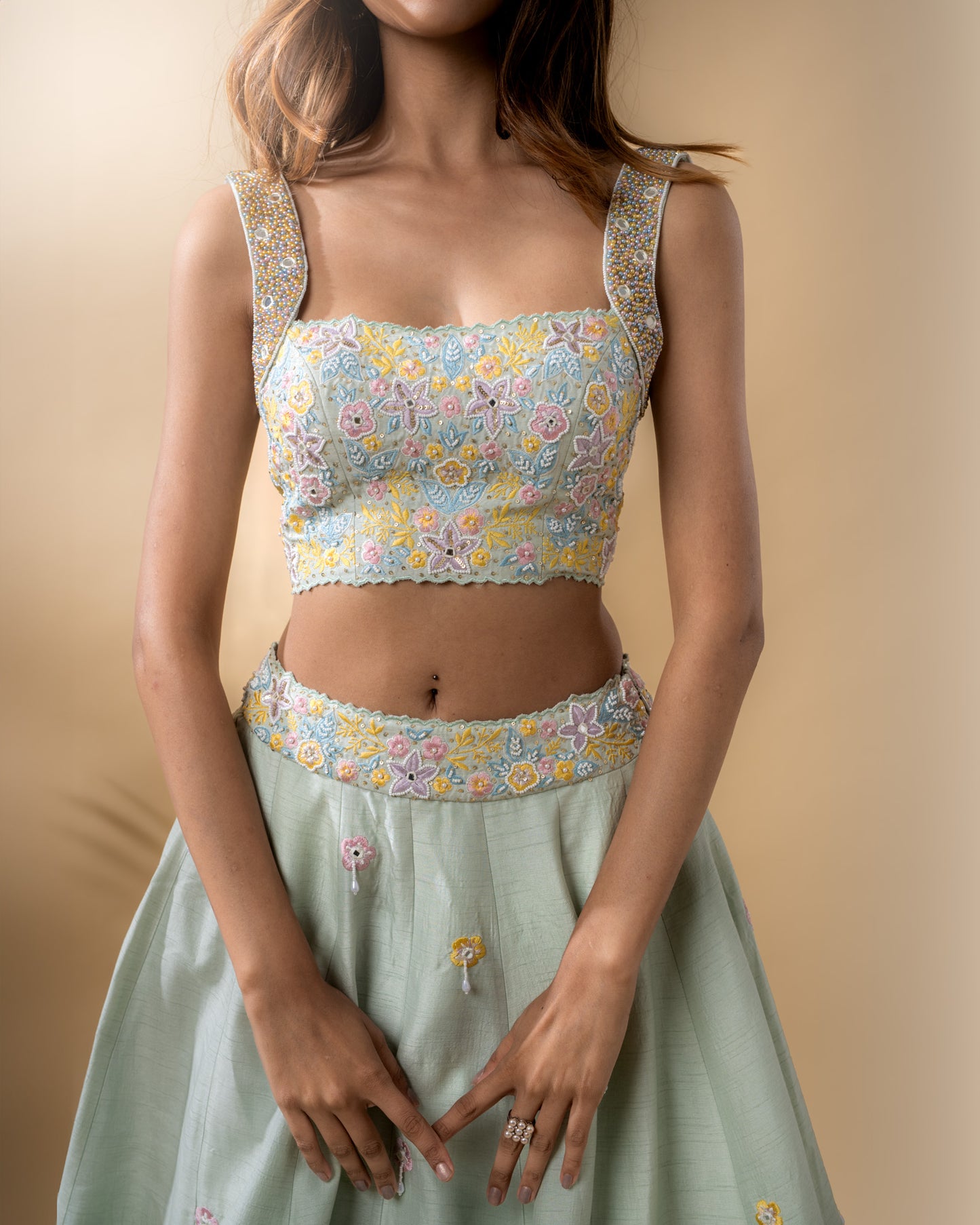 YS14 Mint Green Lehenga Set with embroidery