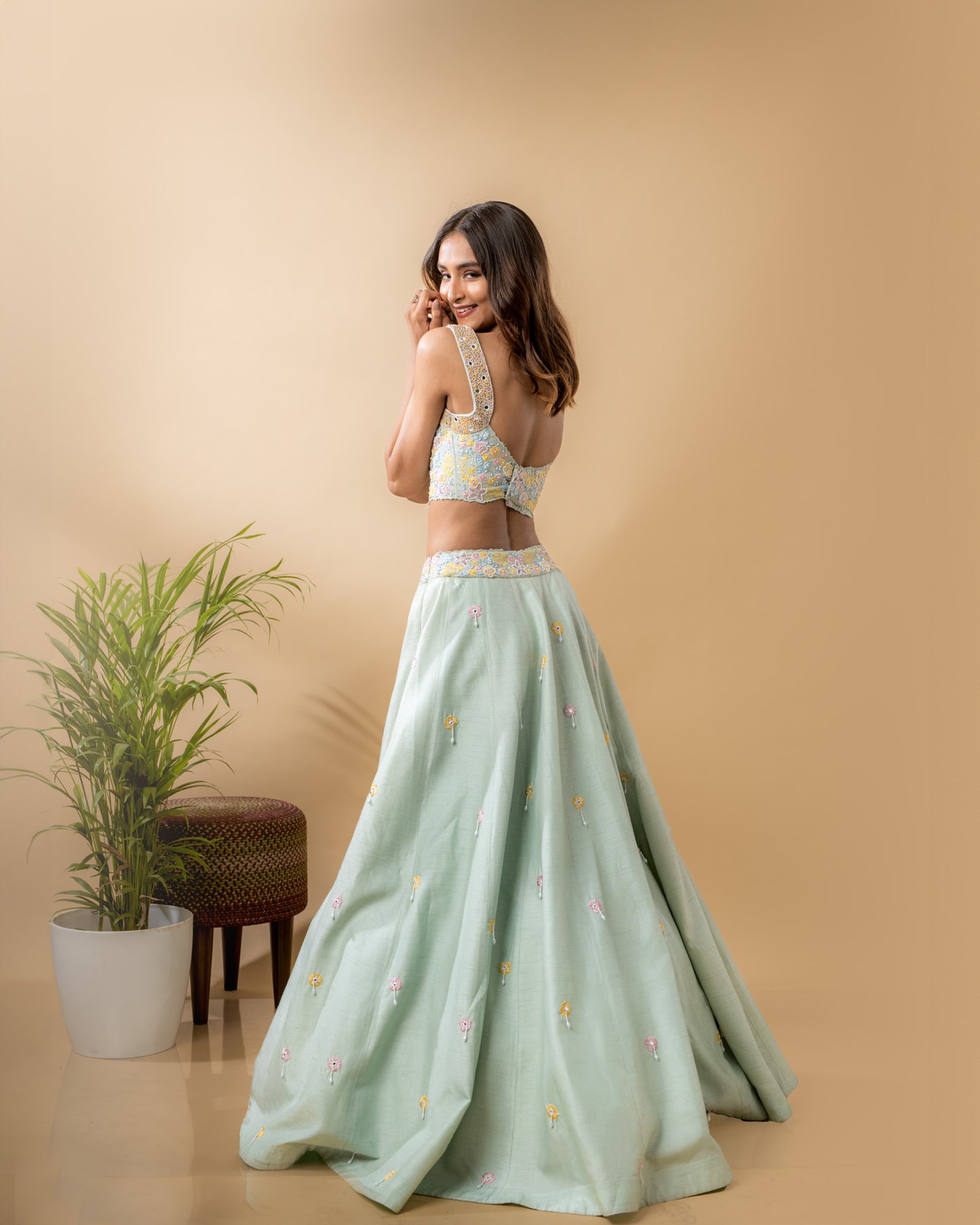 YS14 Mint Green Lehenga Set with embroidery