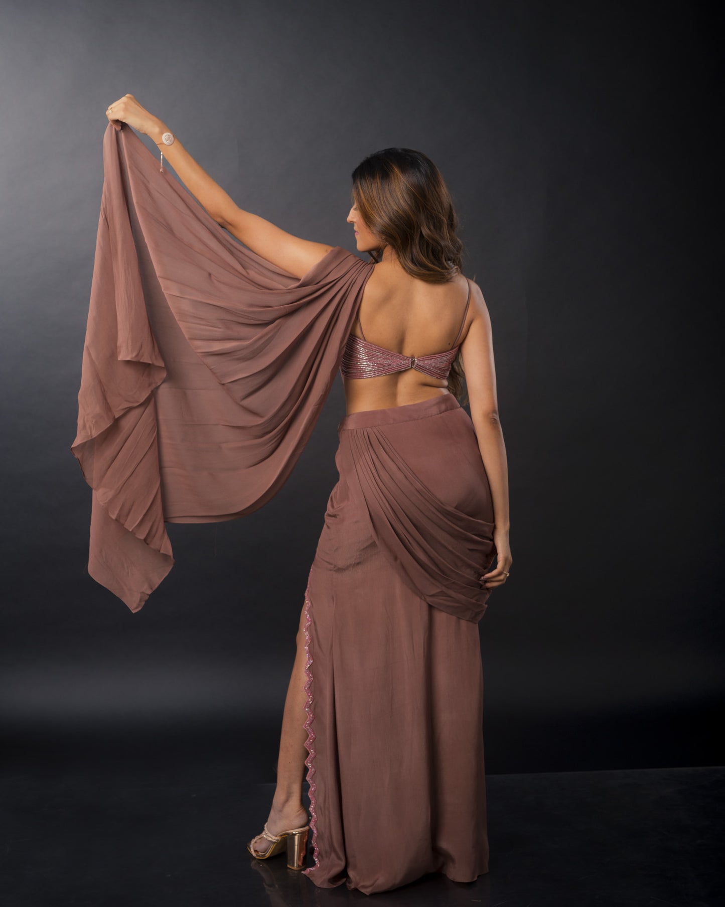 YS27 Nude pre draped saree with embroidery