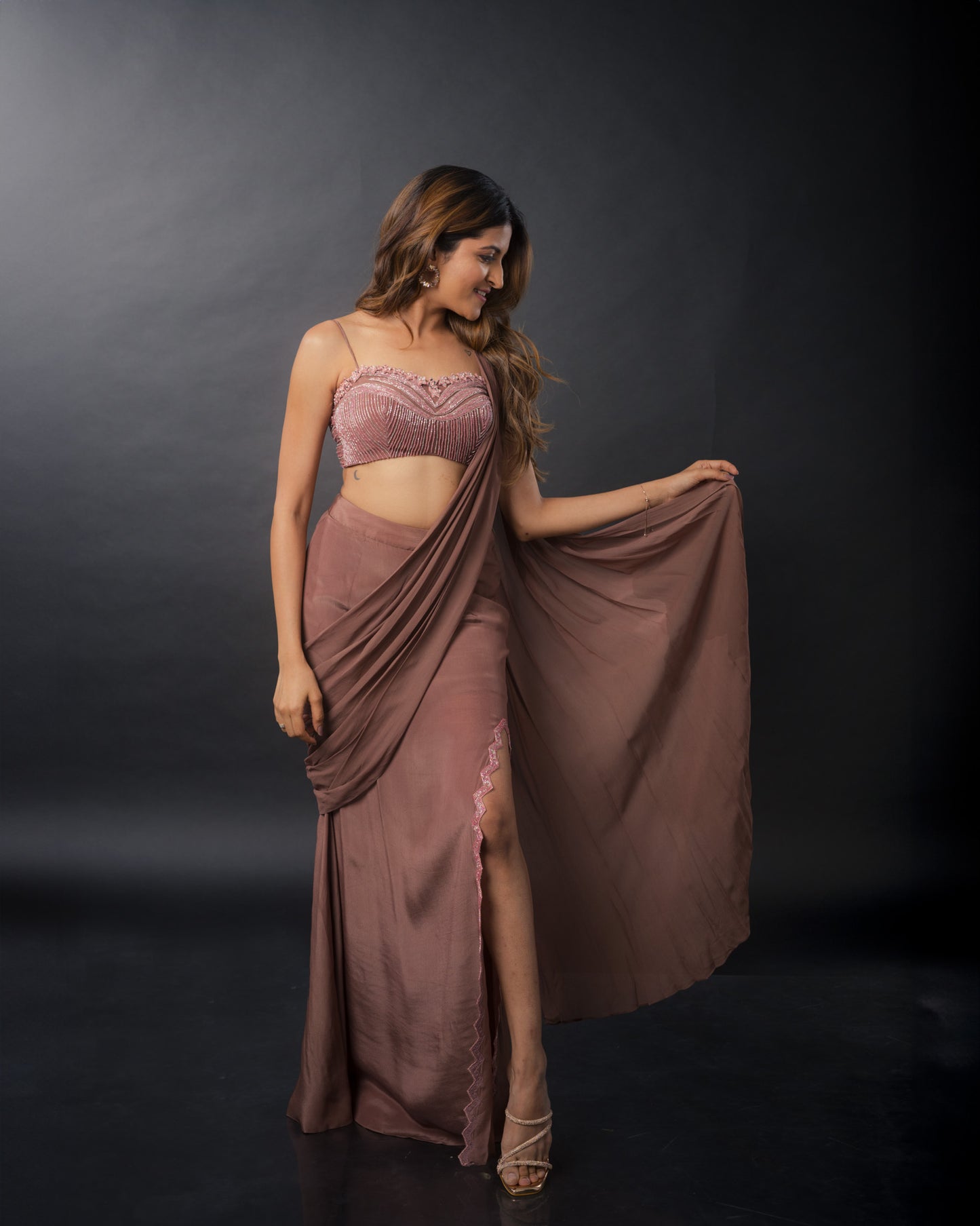 YS27 Nude pre draped saree with embroidery